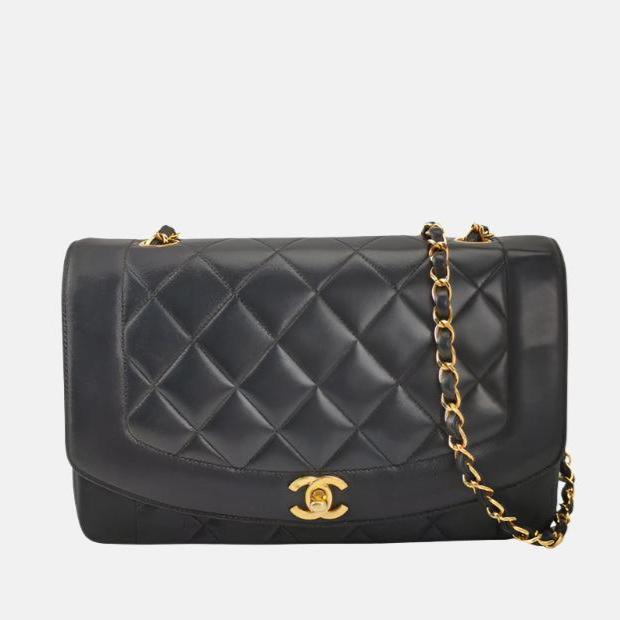 Chanel Diana CC Flap Lambskin 24k Hardware Black Gold Leather Shoulder Bag Gold Hardware