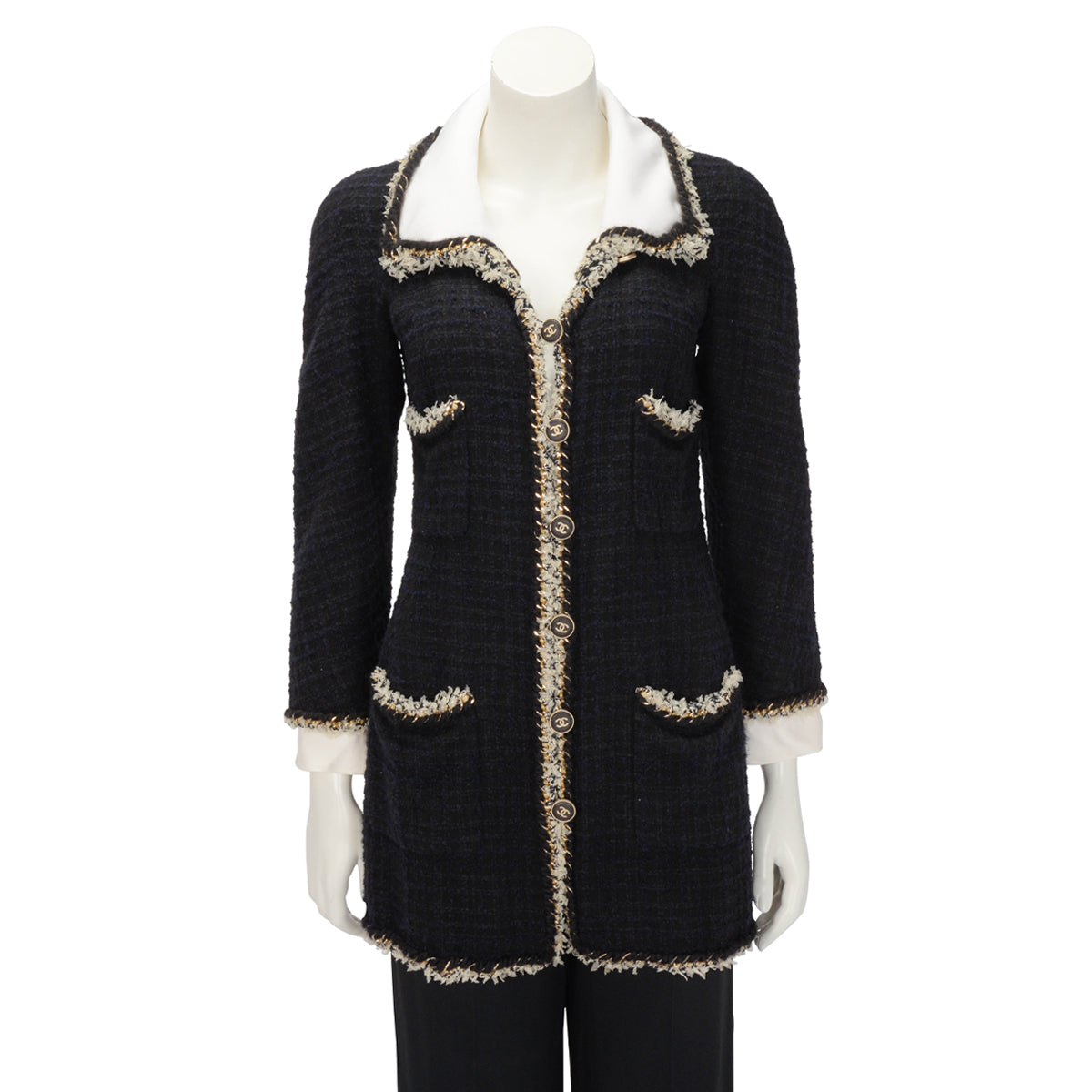 Chanel Black & Navy Boucle Braided Trim Coat FR 36