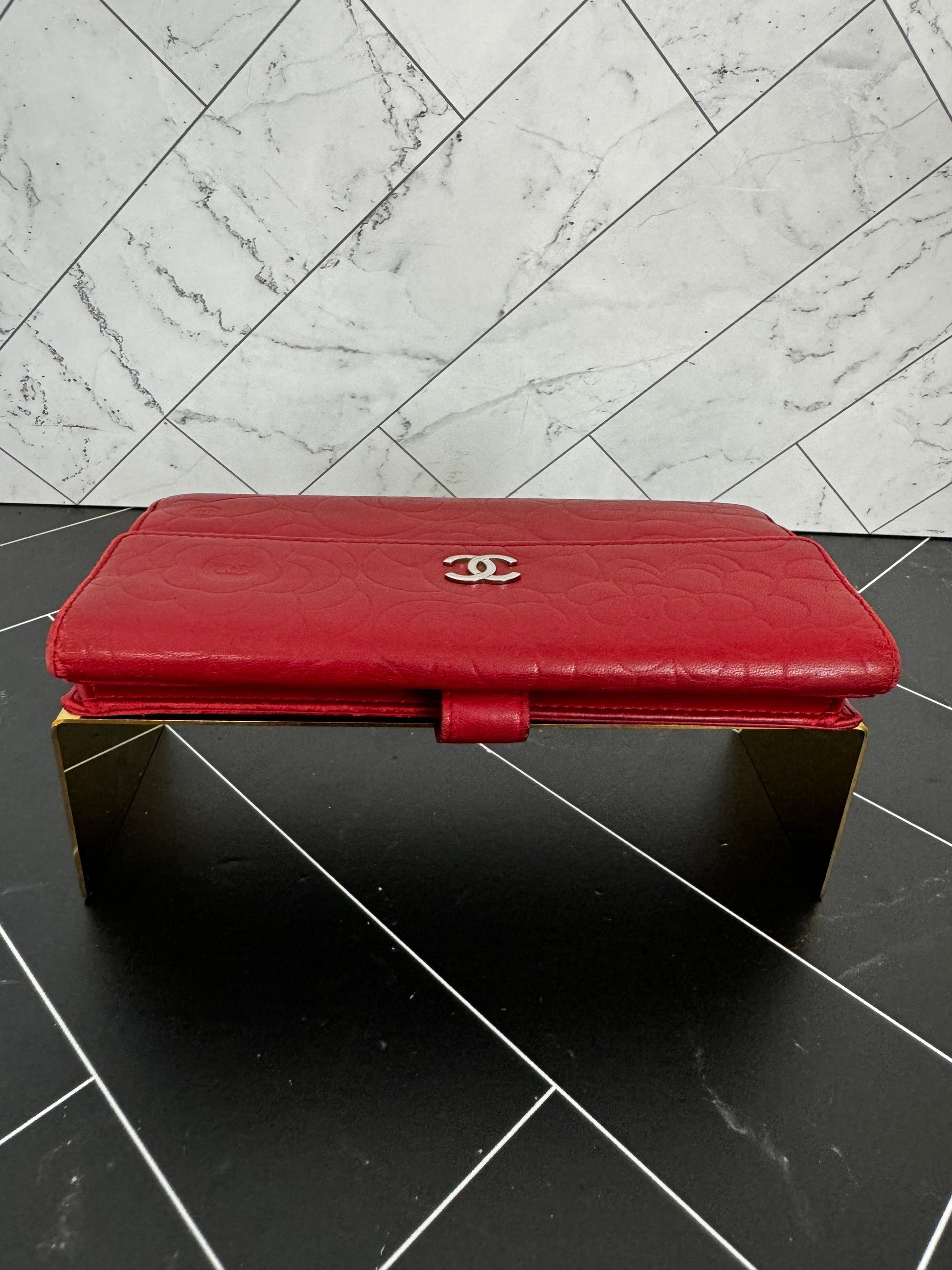 Chanel Red Lambskin Camellia Embossed Long Wallet