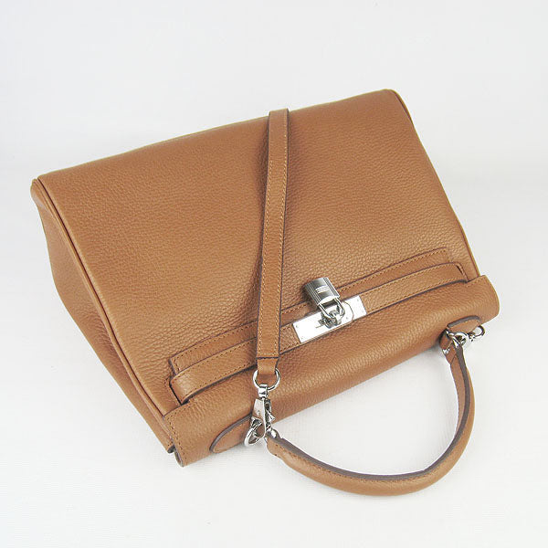 Hermes Luxury Kelly Cm Togo Light Coffee Handbag Leather Silver Travel Bag