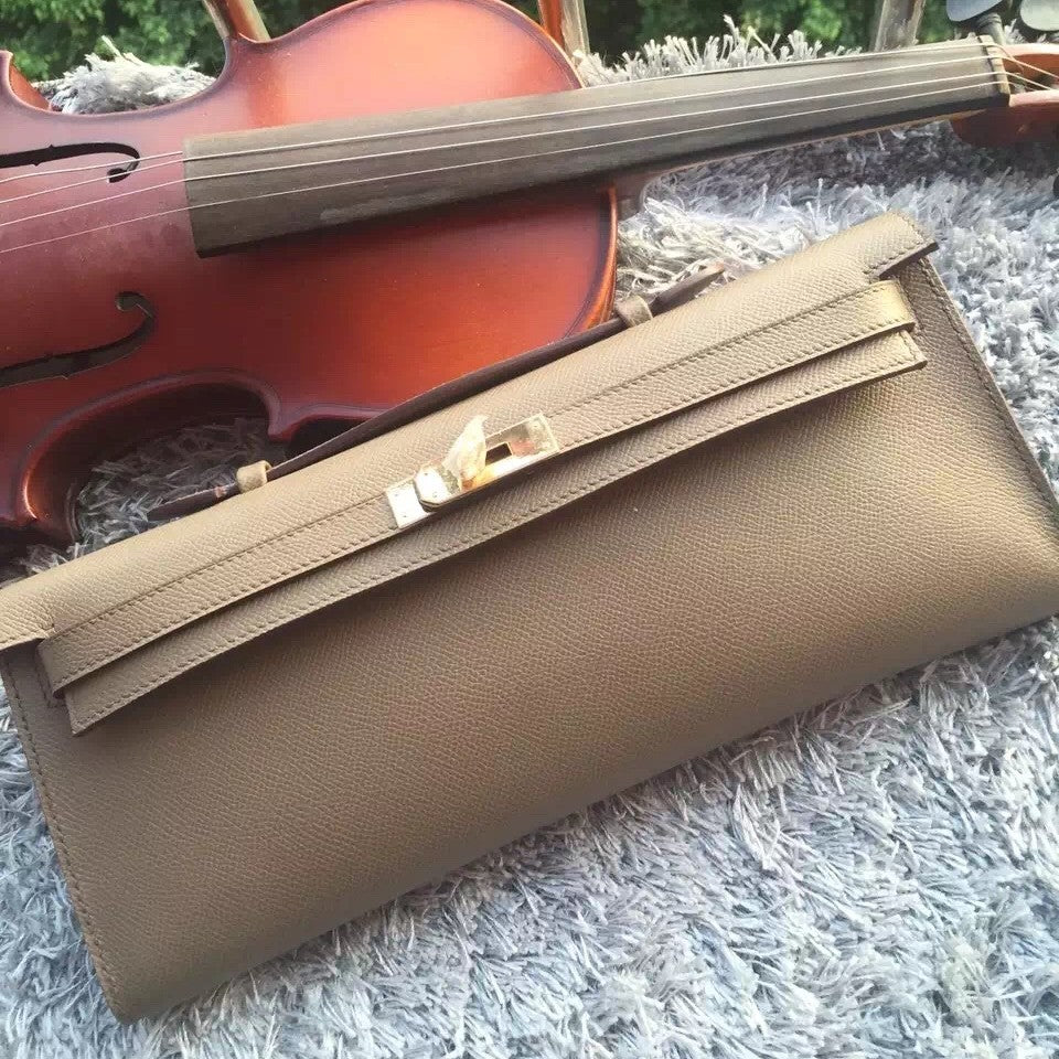 Hermes Luxury Etain Handcrafted Kelly Cut Clutch Handbag Clutch Bag