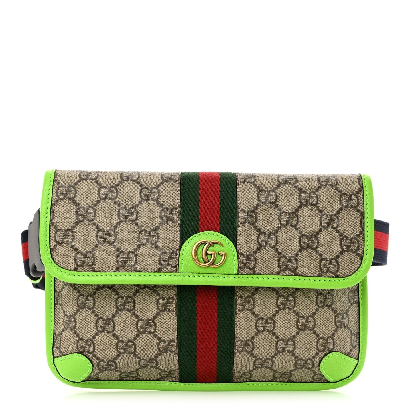 Gucci GG Supreme Monogram Web Small Ophidia Belt Bag Beige Ebony Electric Green