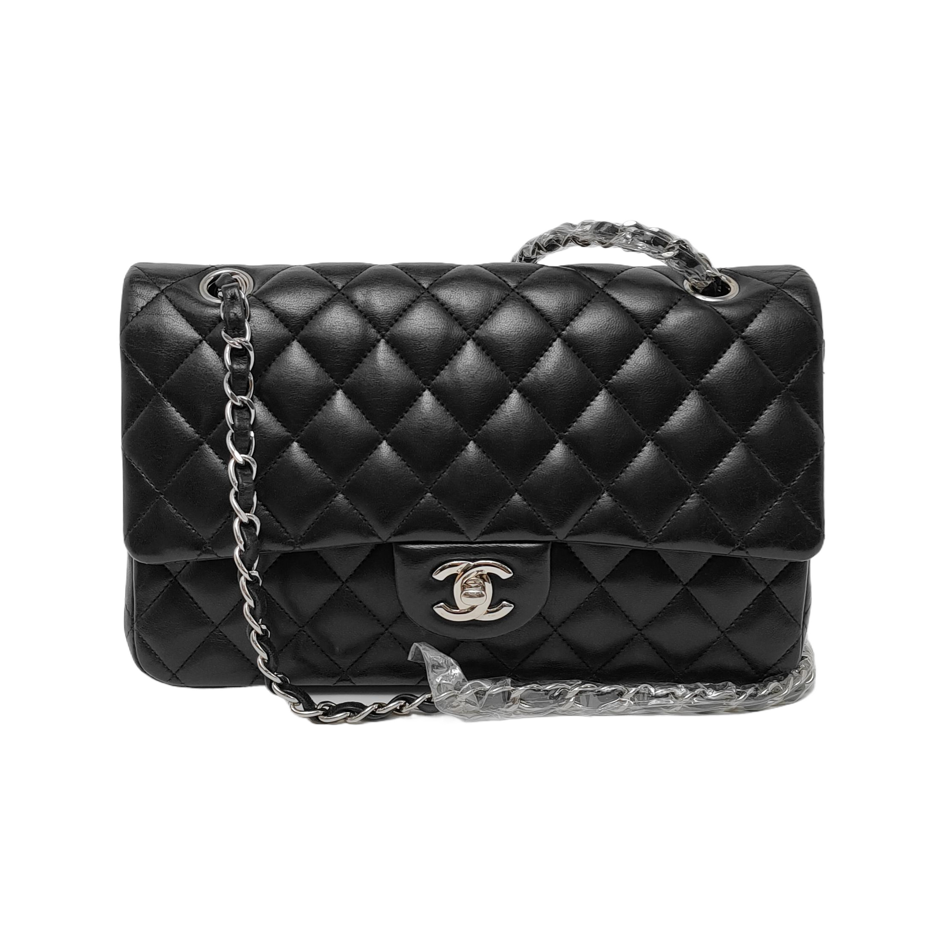 Chanel Timeless Classic Flap Lambskin Hardware Black Silver Leather Handbag Silver Hardware