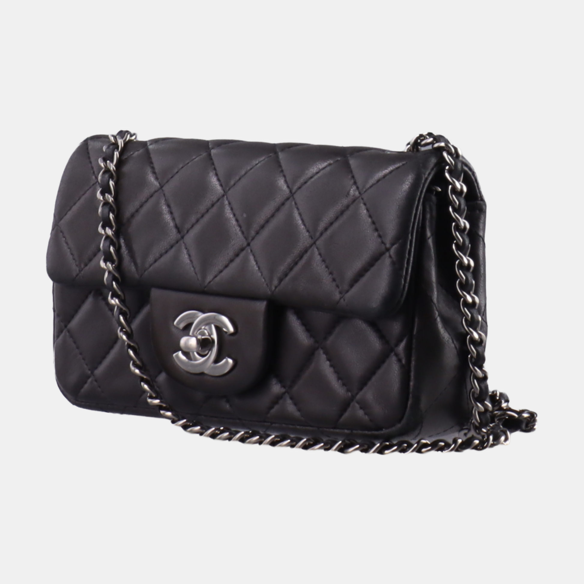 Chanel Classic Flap Super Lambskin Hardware Black Silver Leather Mini Bag