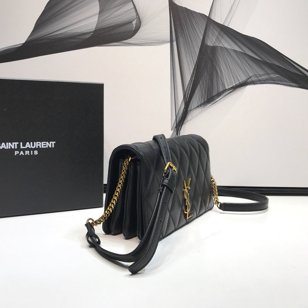 YSL Saint Laurent Angie 8in 22cm Patent Black Handbag