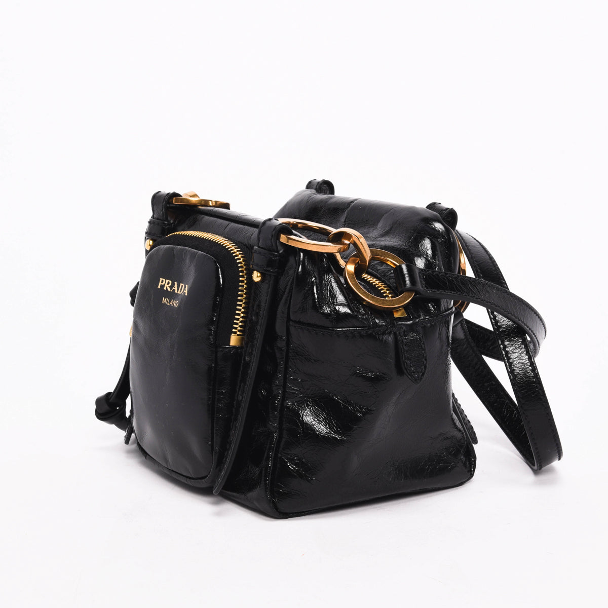Prada Distressed Dangle Bag Leather Black Mini Travel Bag