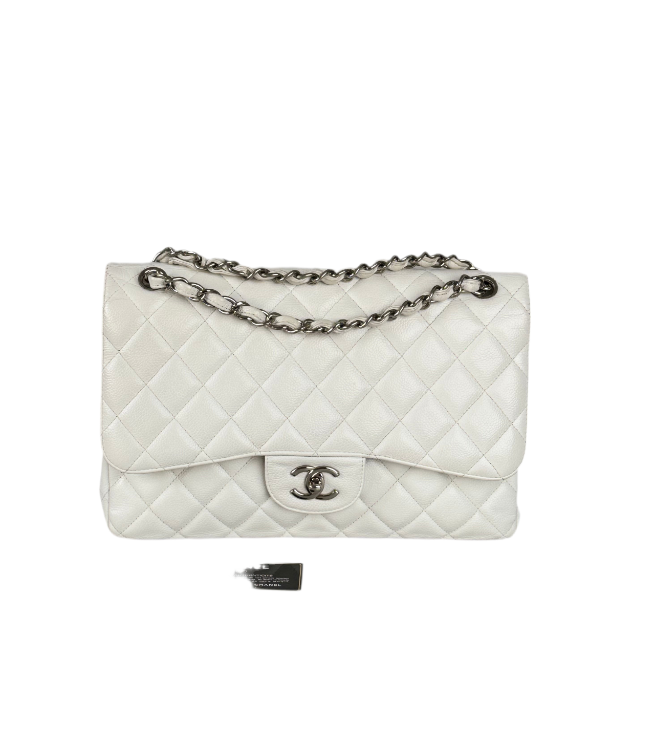 Chanel White Jumbo classic Double Flap Bag In Caviar Leather with silver Hardware