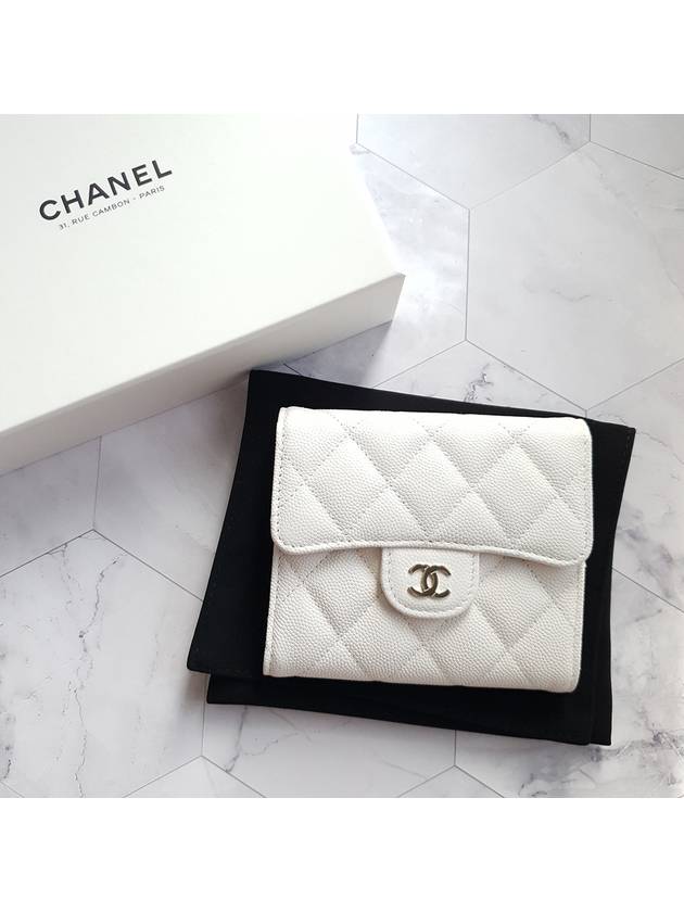 CC Logo Flap Leather Half Wallet White Chanel