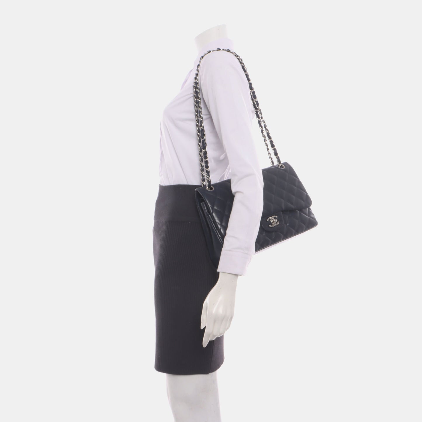 Chanel Classic Flap Jumbo Midnight Navy Caviar Silver Leather Handbag