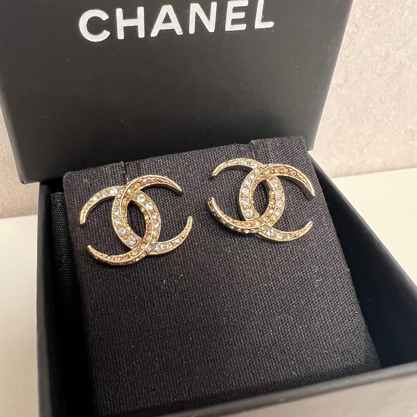 Chanel CC BC Logo Dubai Moon Crystal SHW Earrings Box RARE