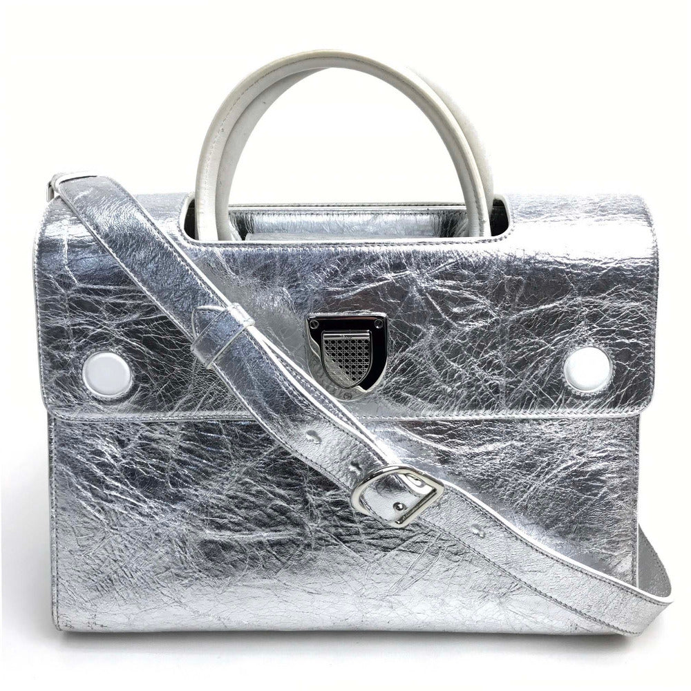 Dior Christian Handbag Metallic Women Leather Silver Travel Bag