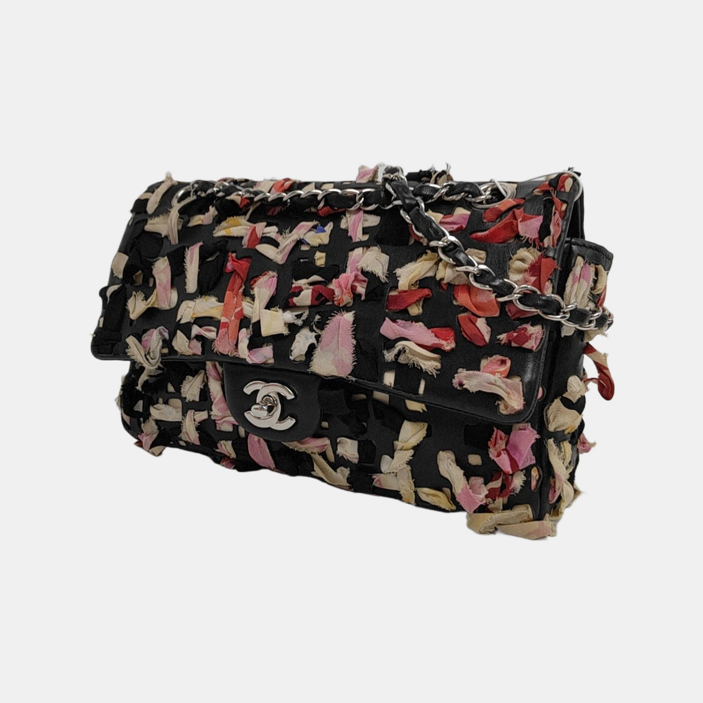 Chanel Ribbon Braided Single Flap Fabric Leather Shoulder Bag