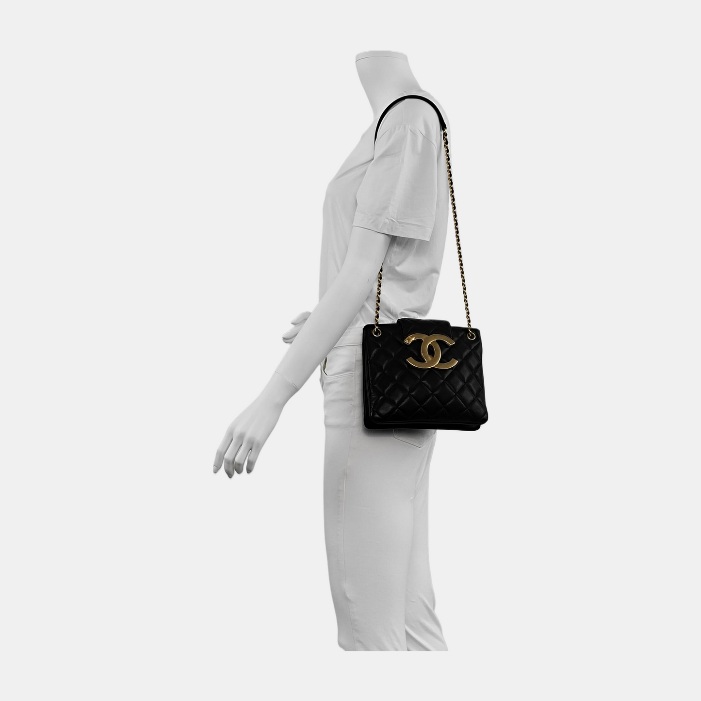 Chanel CC Giant -tone CC Logo Lambskin Black Gold Small Leather Shoulder Bag