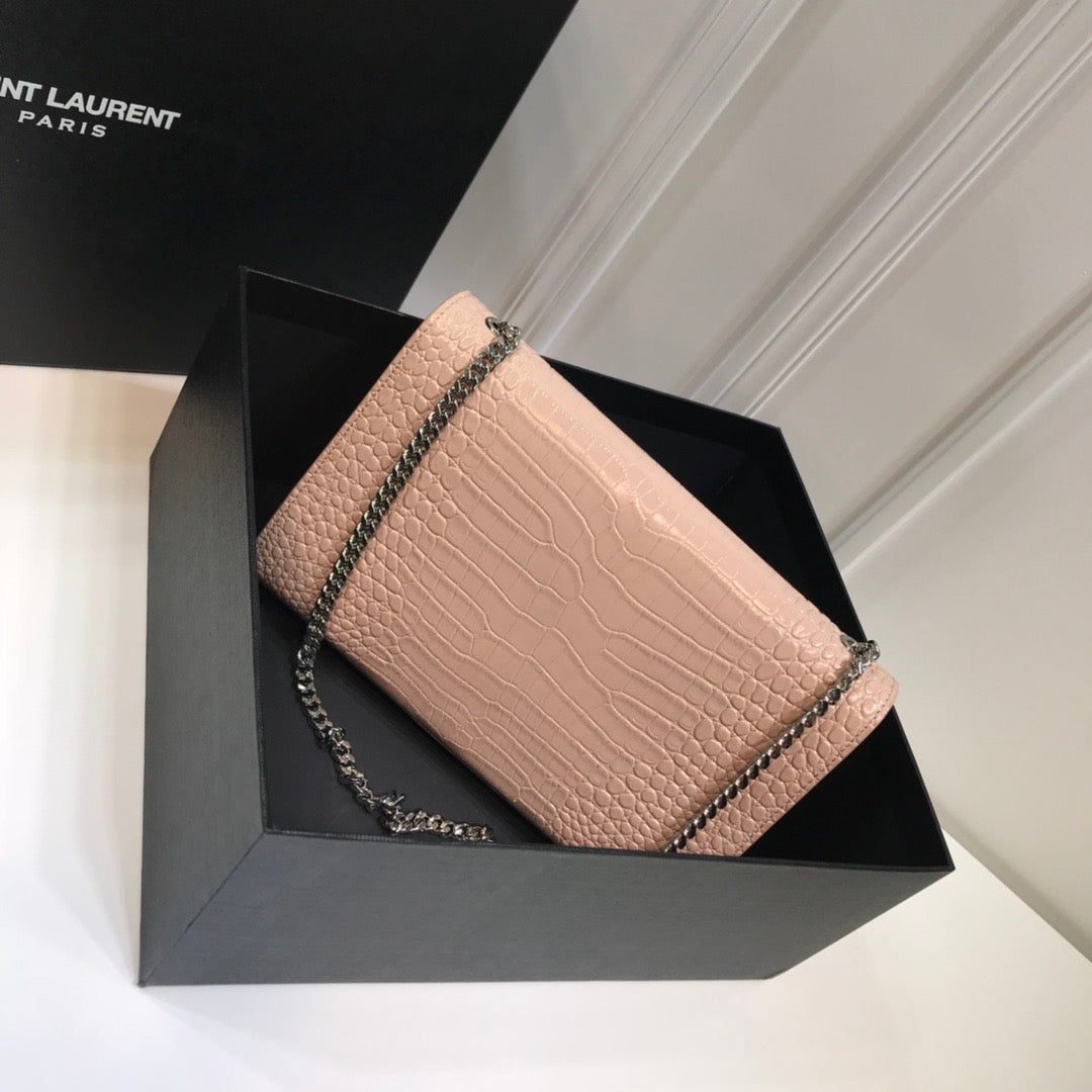 YSL Saint Laurent Kate Tassel Embossed Crocodile Dark Beige Medium Chain Handbag