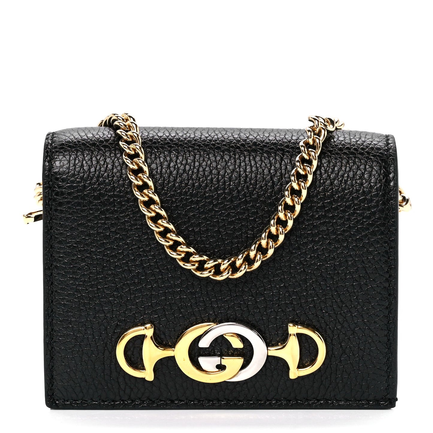 Gucci Zumi GG Black Leather Gold Chain Bi-Fold Mini Wallet