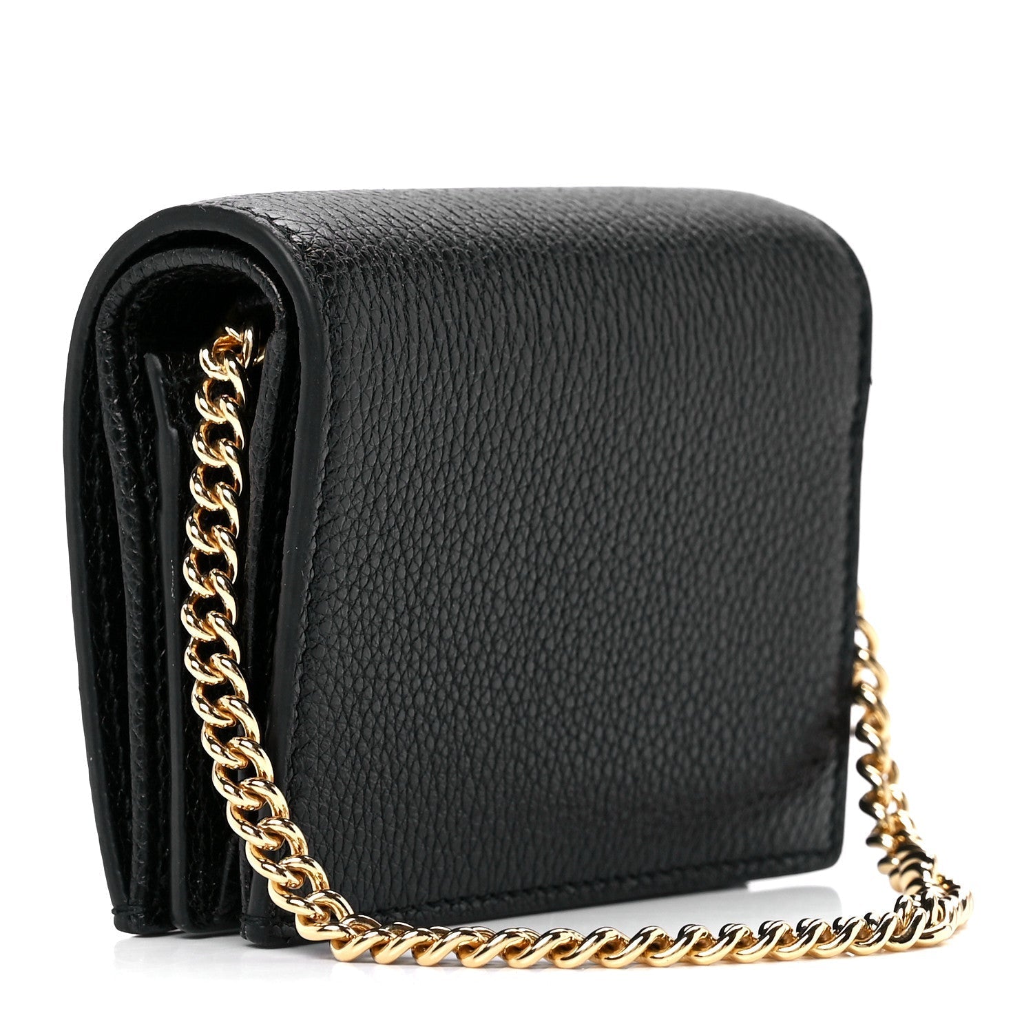 Gucci Zumi GG Black Leather Gold Chain Bi-Fold Mini Wallet