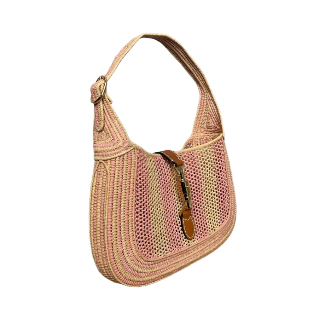 Gucci Jackie Wicker Hardware Strap Leather Pink Gold Travel Bag