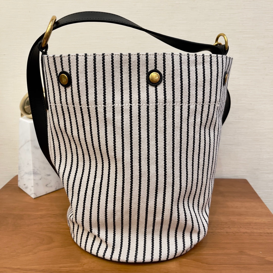 YSL Saint Laurent Rive Gauche Striped 11.8in 30cm Canvas Black White Bucket Bag