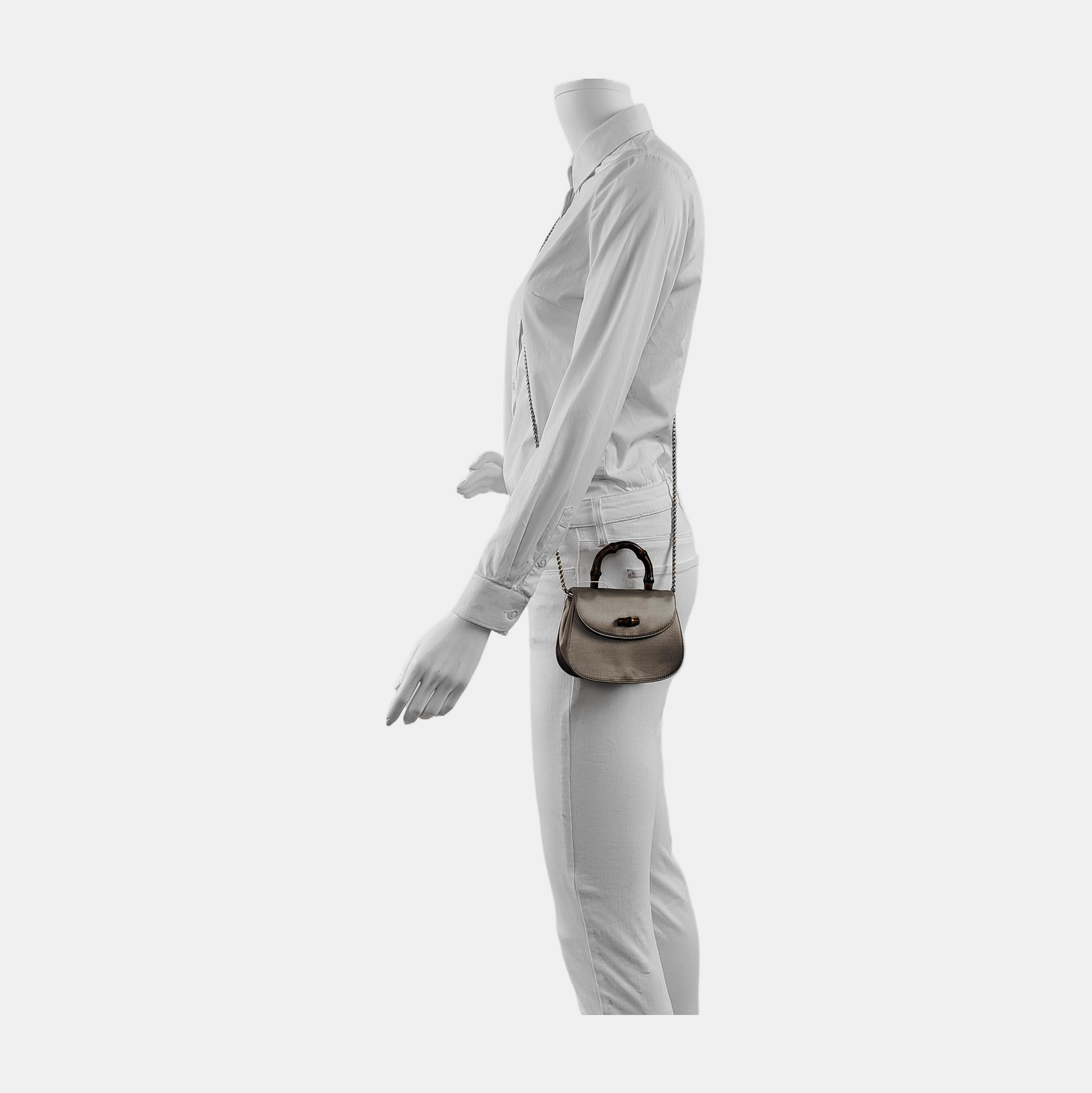 Gucci Bamboo Night Super Silk Evening Beige Grey Mini Chain Travel Bag