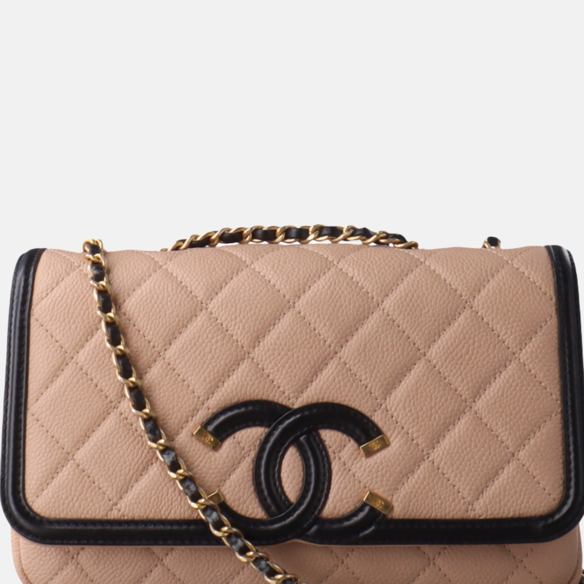 Chanel Filigree Flap Caviar Trim Black Beige Small Leather Shoulder Bag