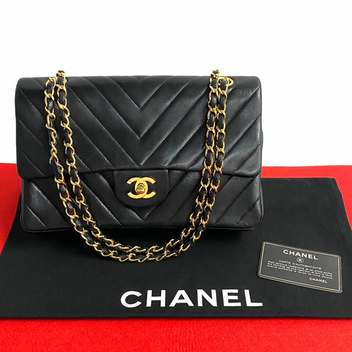 Chanel lambskin COCO Mark Vstitch W flap Black Shoulder Bag