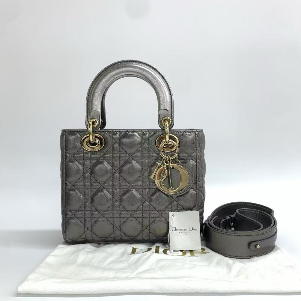 Dior Lady Abc Metallic Grey Cannage Lambskin Handbag Small Travel Bag