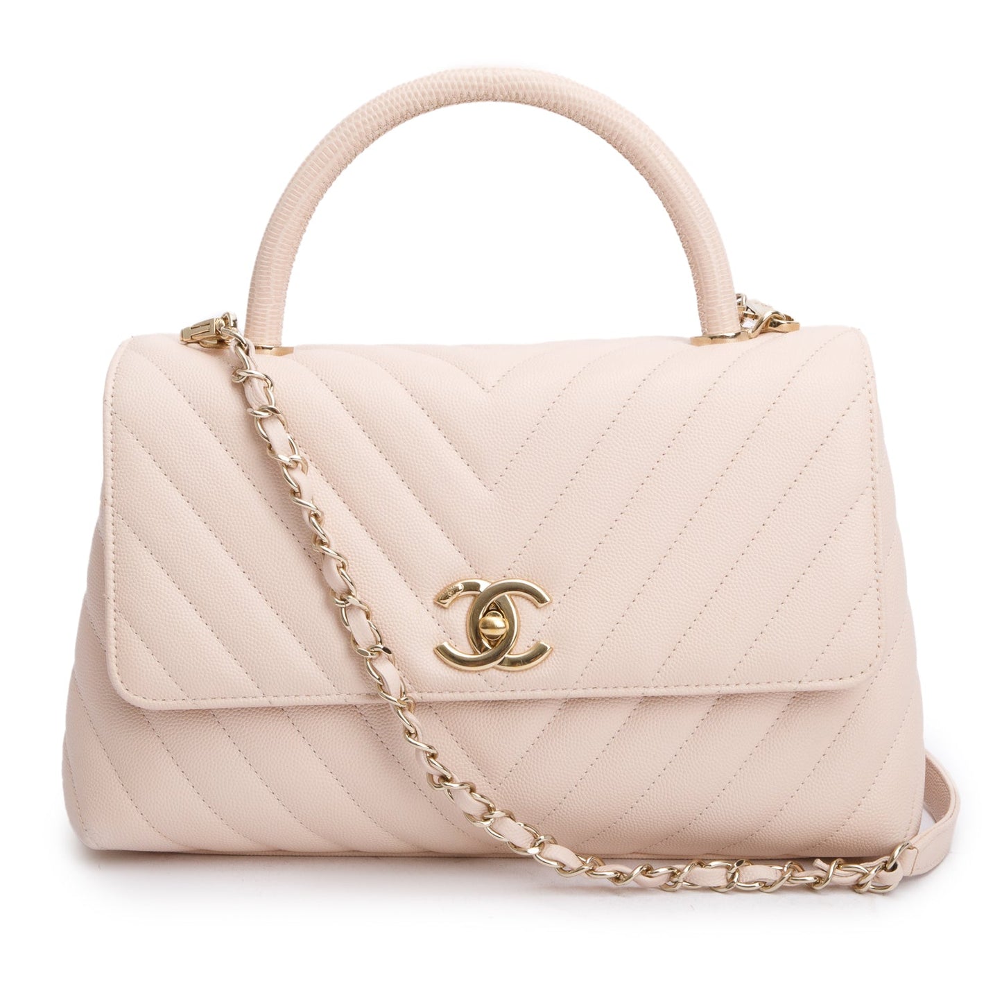 Chanel Chevron Quilted Caviar Coco Handle Leather Pink Travel Bag