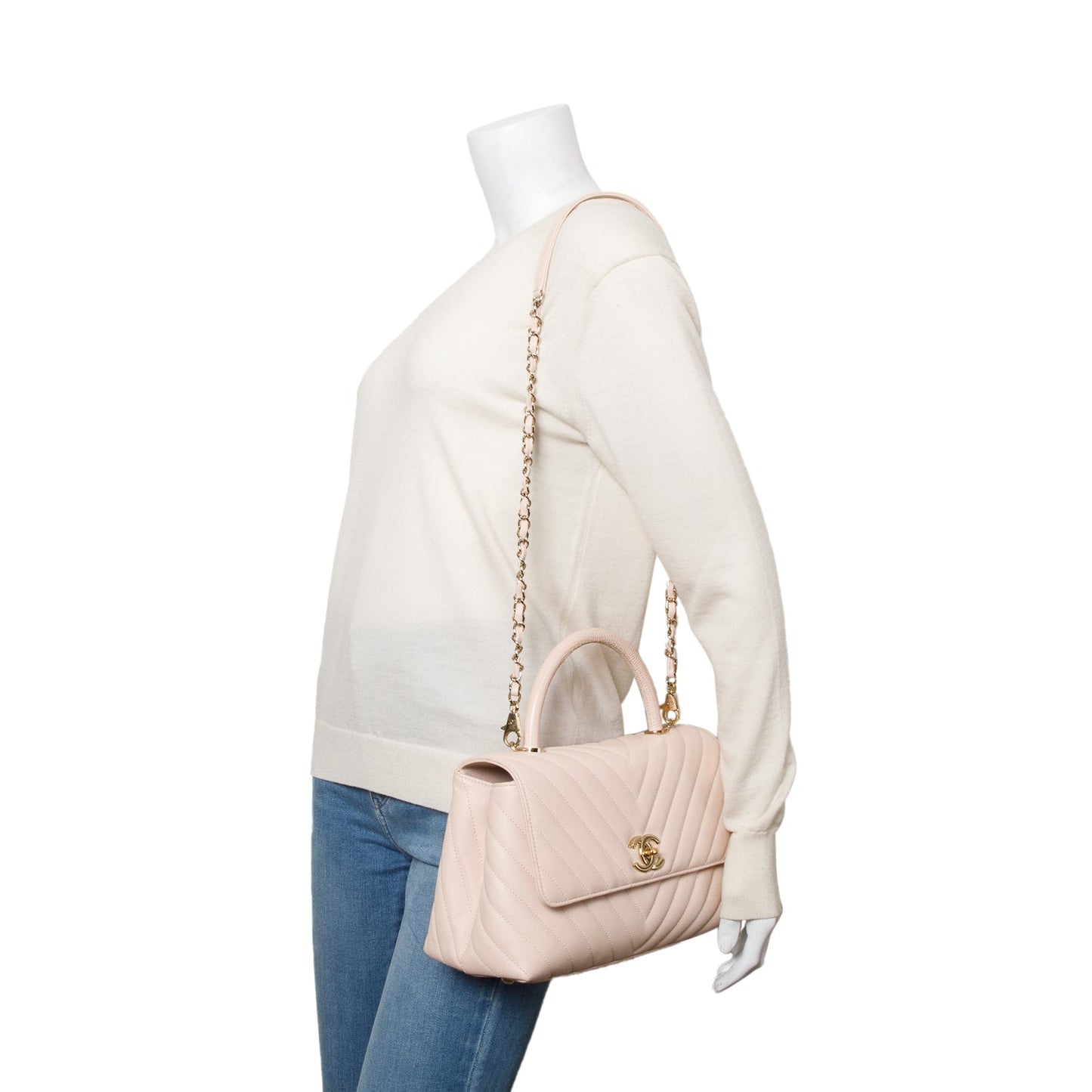 Chanel Chevron Quilted Caviar Coco Handle Leather Pink Travel Bag