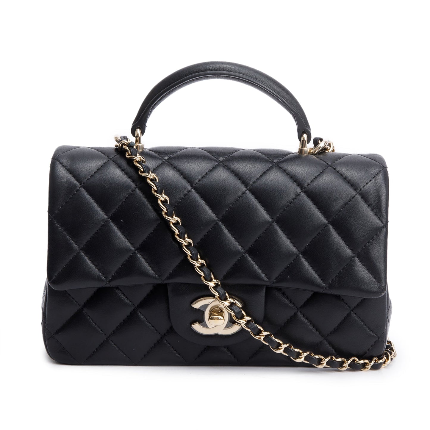 Chanel Quilted Top Handle Rectangular Flap Leather Lambskin Black Travel Bag
