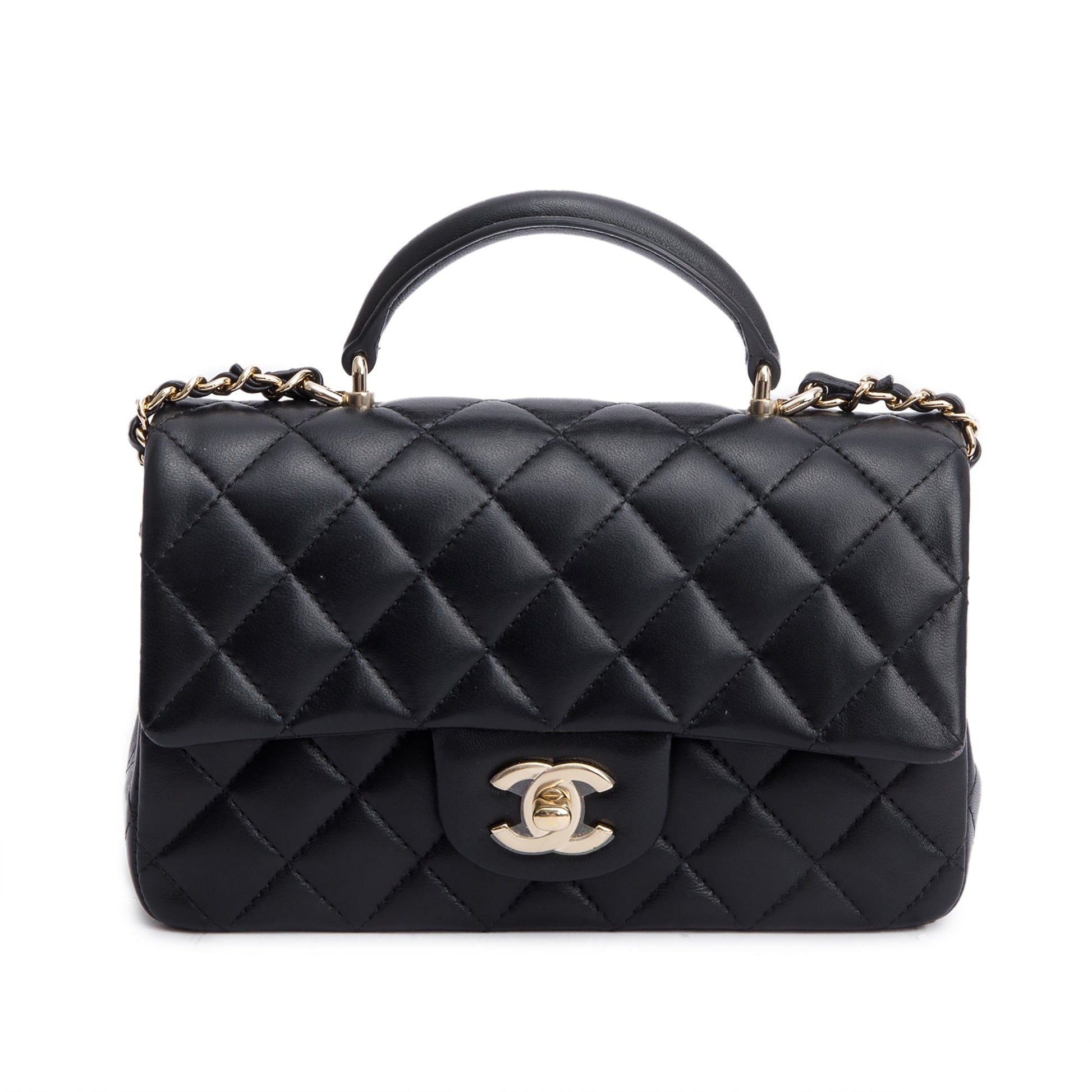 Chanel Quilted Top Handle Rectangular Flap Leather Lambskin Black Travel Bag