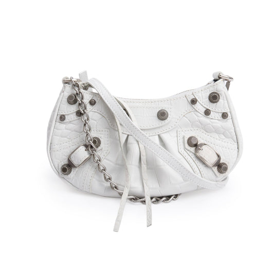 Balenciaga Crocodile Embossed Le Cagole Crossbody With Chain Leather White Crossbody Bag