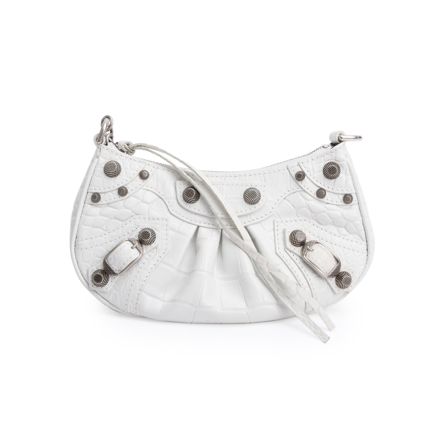 Balenciaga Crocodile Embossed Le Cagole Crossbody With Chain Leather White Crossbody Bag