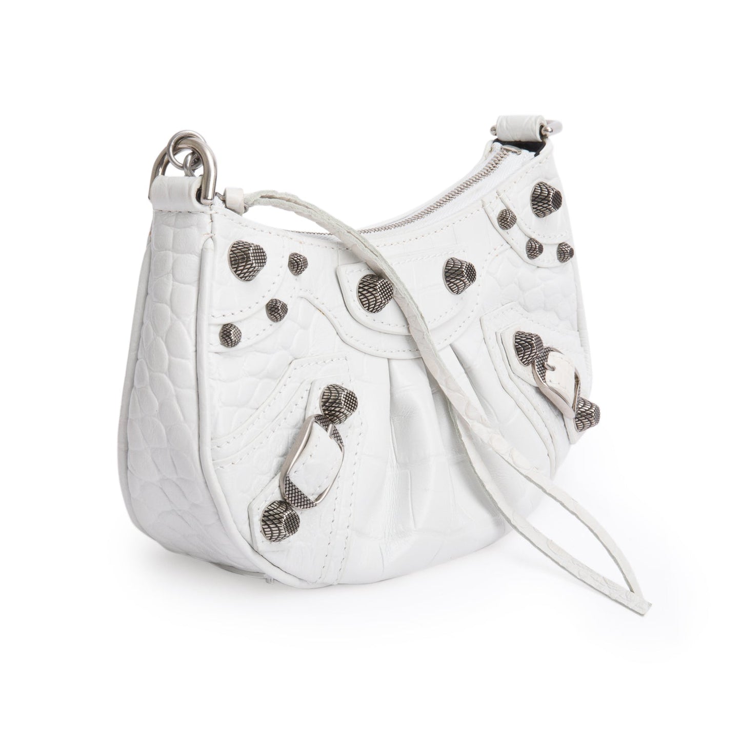 Balenciaga Crocodile Embossed Le Cagole Crossbody With Chain Leather White Crossbody Bag