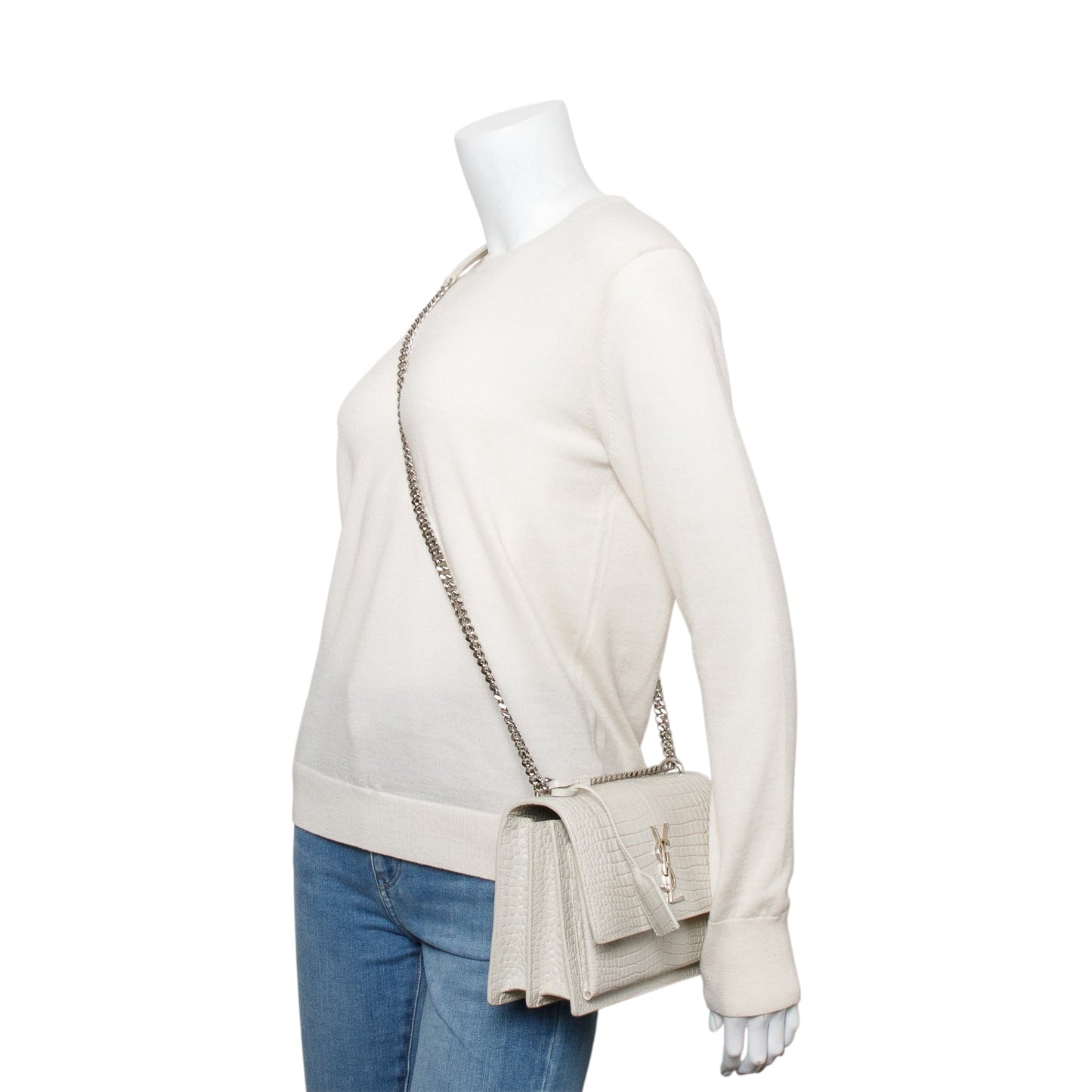 YSL Saint Laurent Ivory Crocodile Embossed Sunset Bag Medium Travel Bag