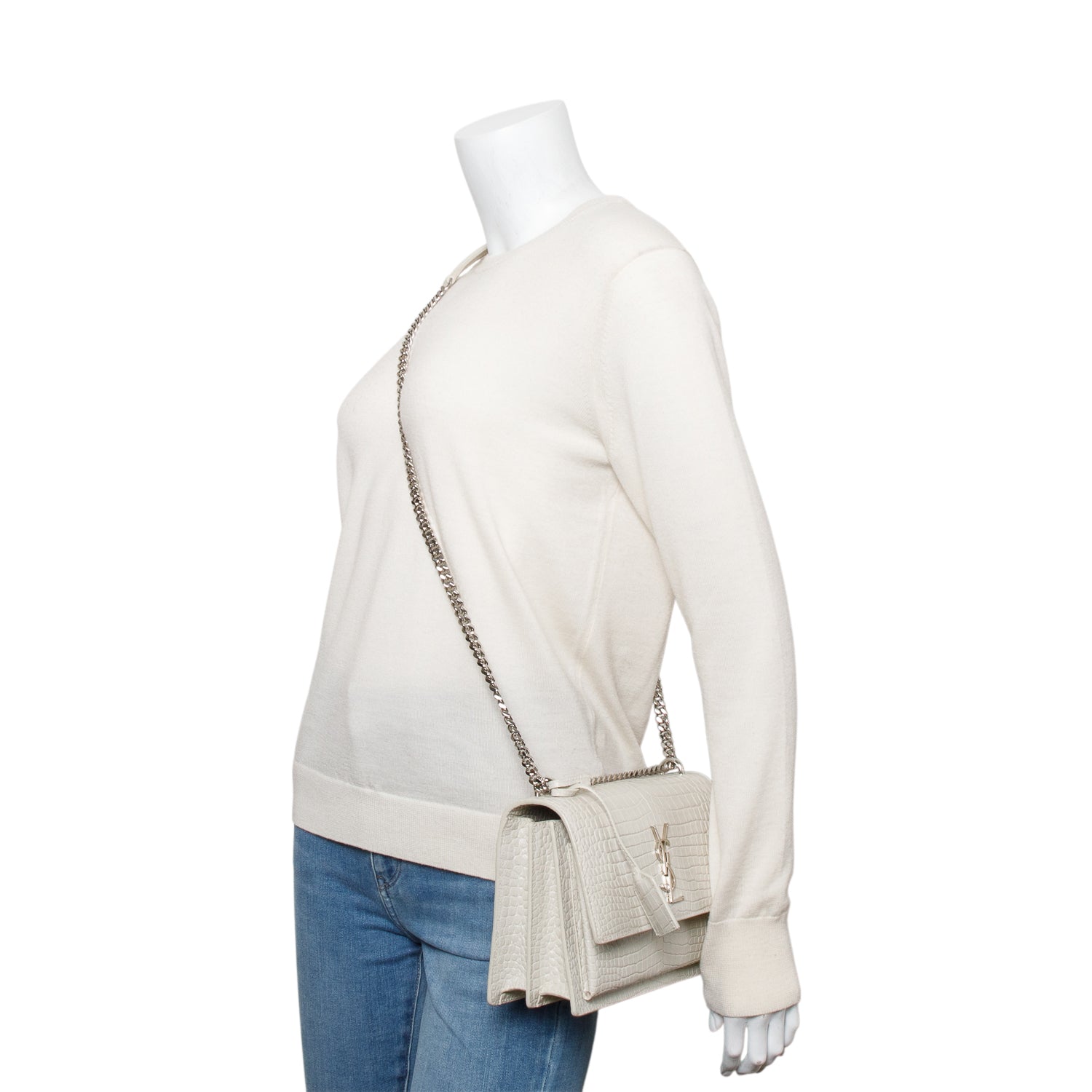 YSL Saint Laurent Ivory Crocodile Embossed Sunset Bag Medium Travel Bag