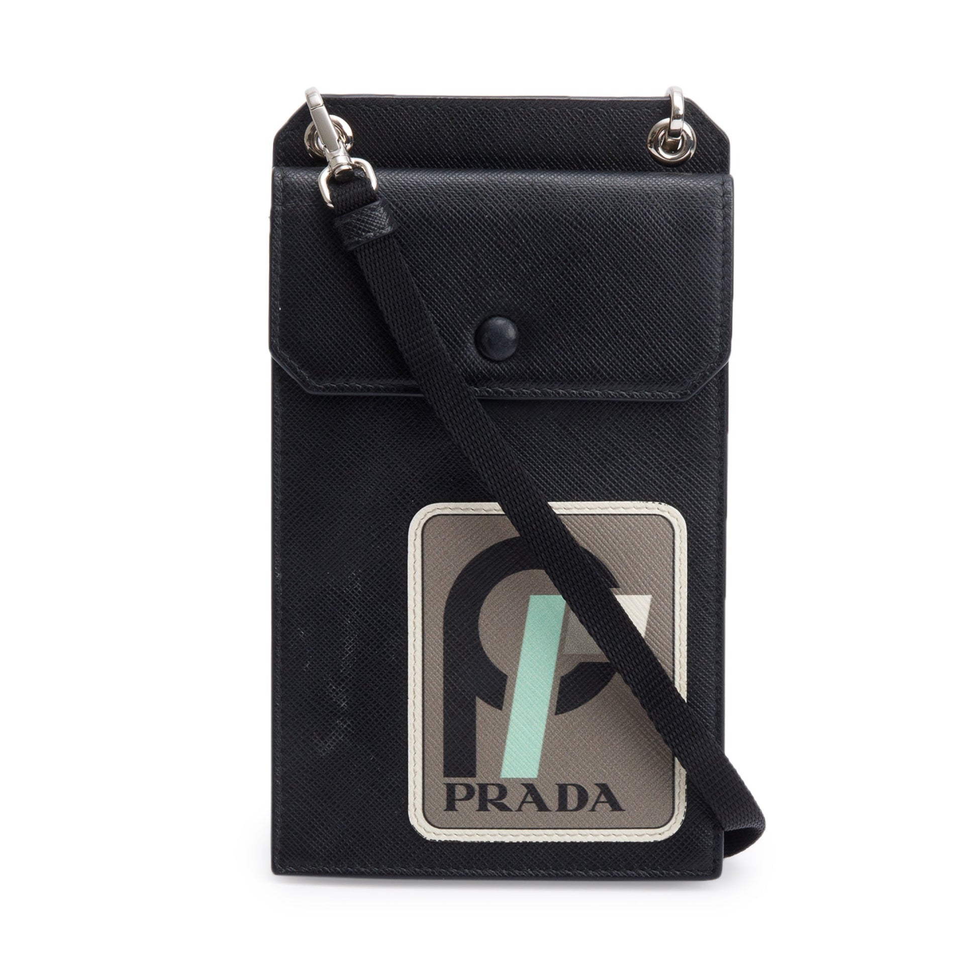 Prada Saffiano Lux Racing Patch Phone Pouch Crossbody Leather Black Crossbody Bag