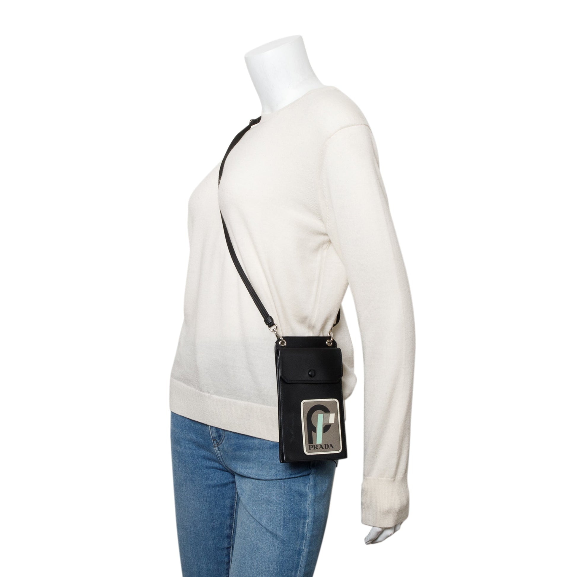 Prada Saffiano Lux Racing Patch Phone Pouch Crossbody Leather Black Crossbody Bag