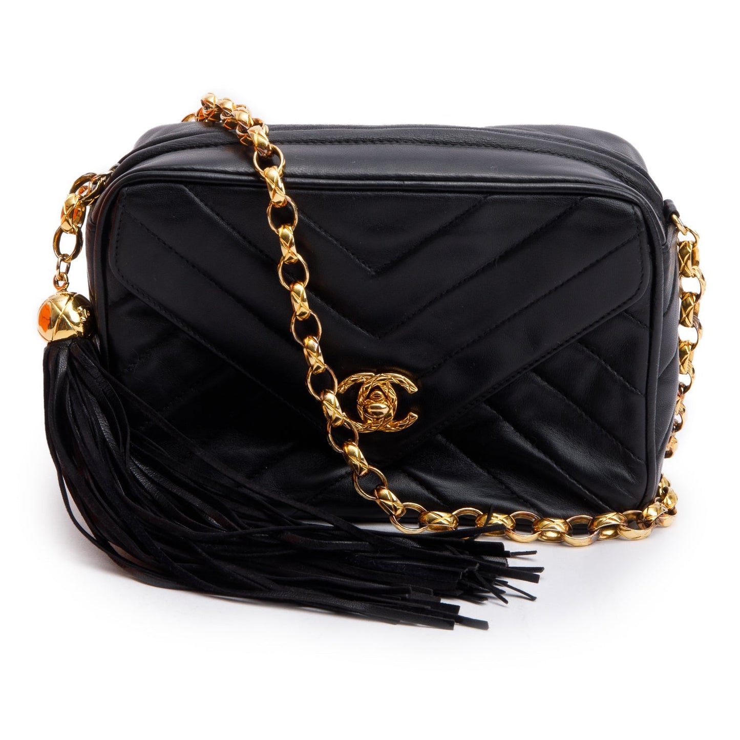 Chanel Chevron CC Tassel Bijoux Camera Leather Lambskin Black Travel Bag