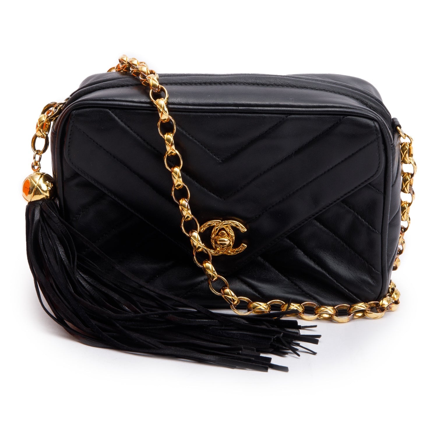 Chanel Chevron CC Tassel Bijoux Camera Leather Lambskin Black Travel Bag