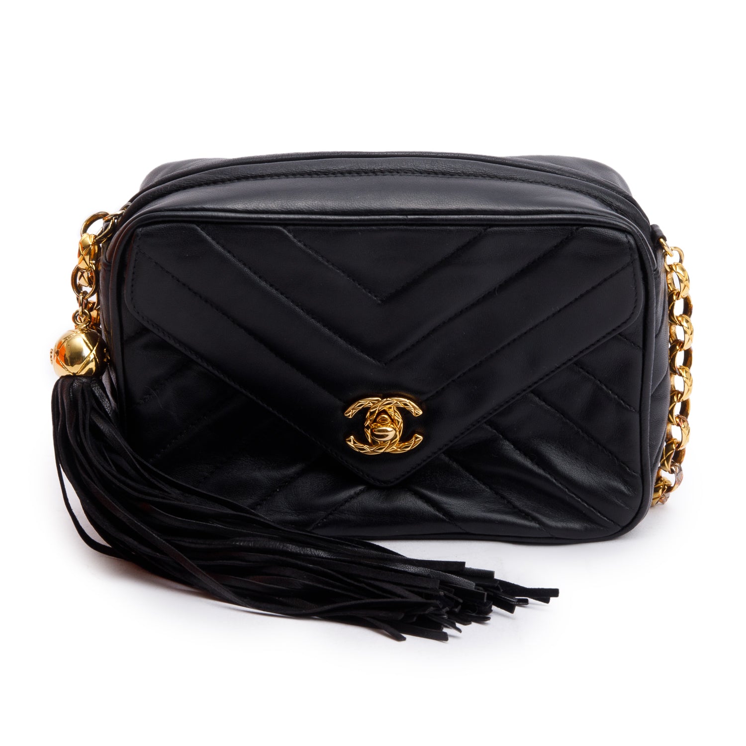 Chanel Chevron CC Tassel Bijoux Camera Leather Lambskin Black Travel Bag