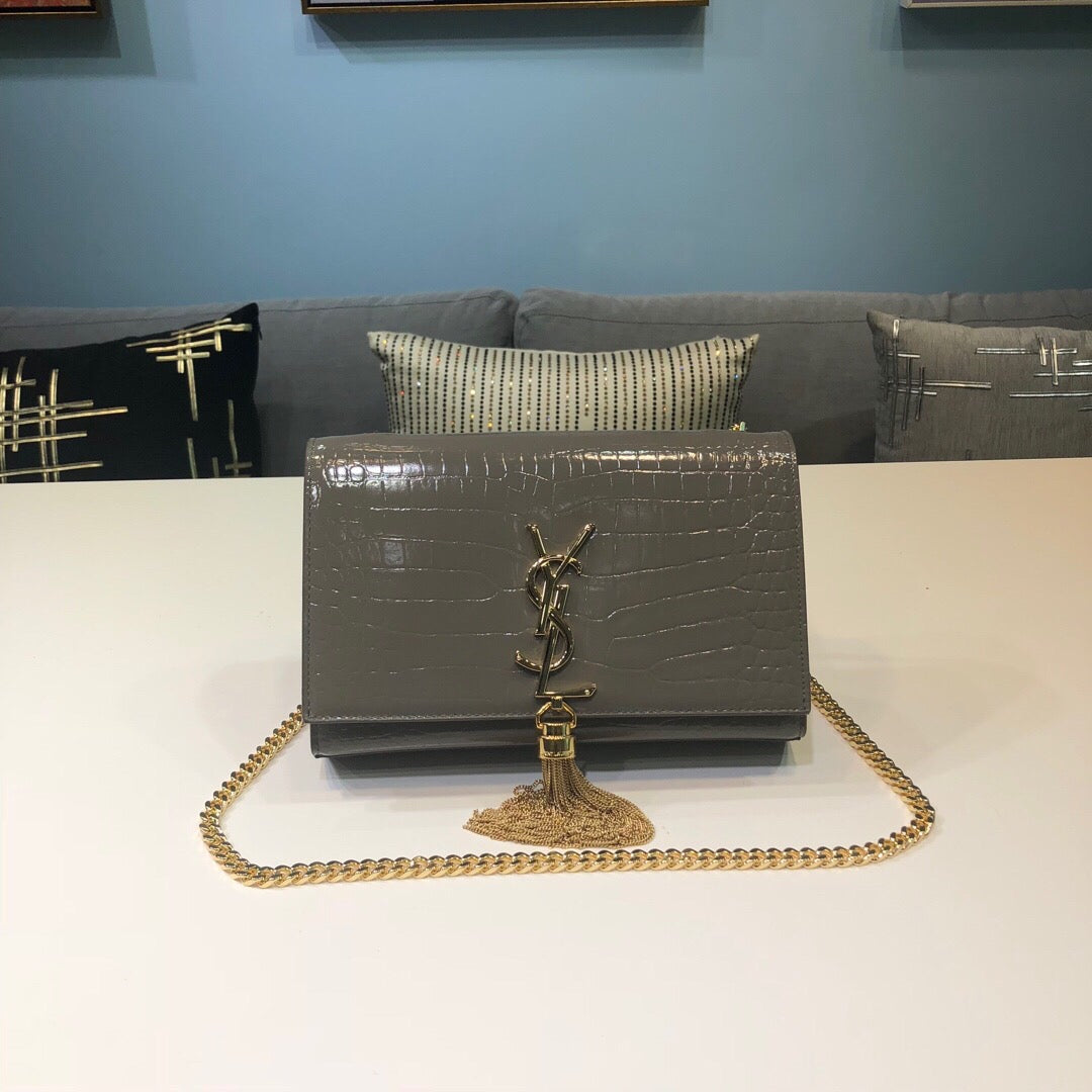 YSL Saint Laurent Kate Tassel Embossed 7.8in 20cm Green Small Chain Handbag