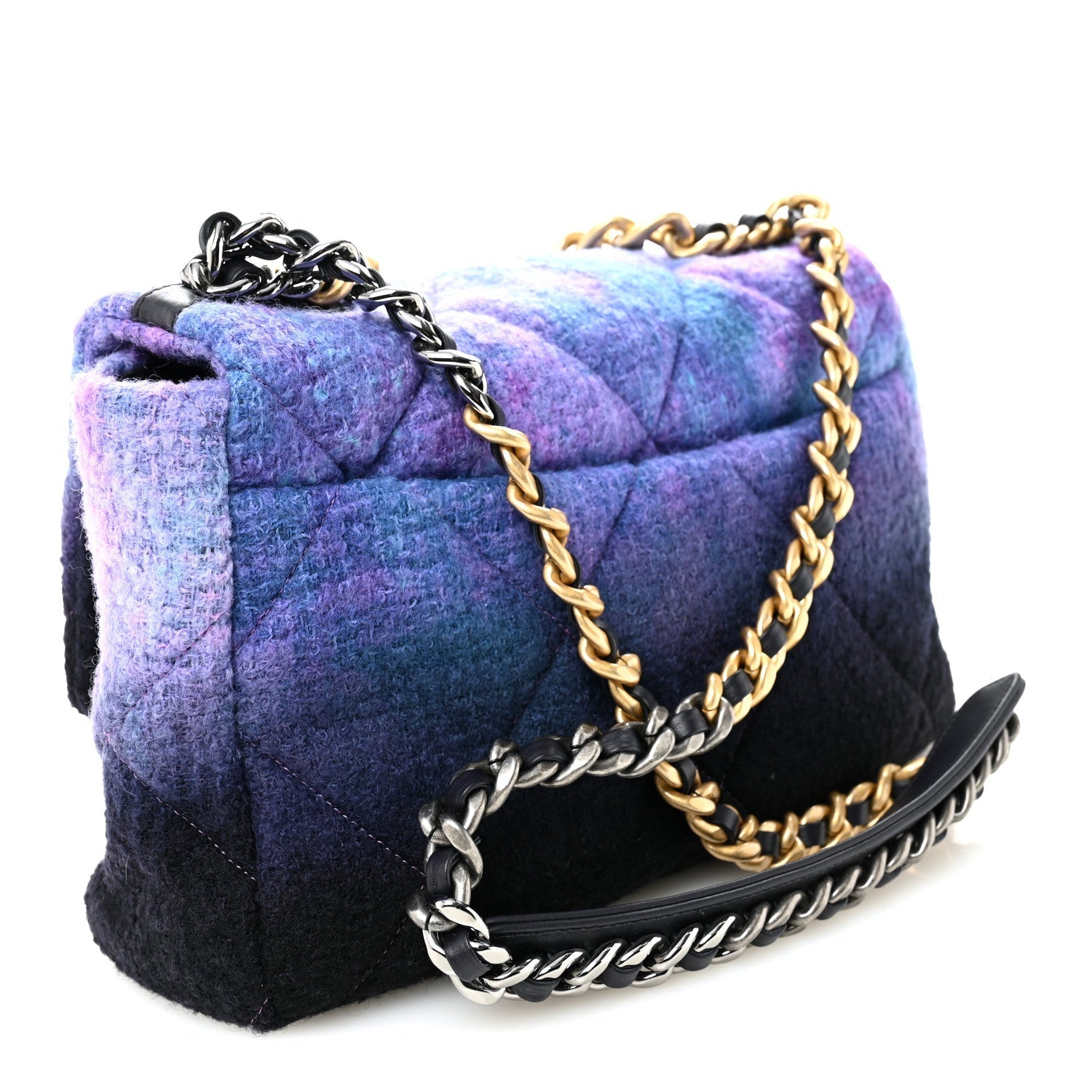 Chanel Wool Tweed Quilted Large 19 Flap Purple Black Blue Handbag