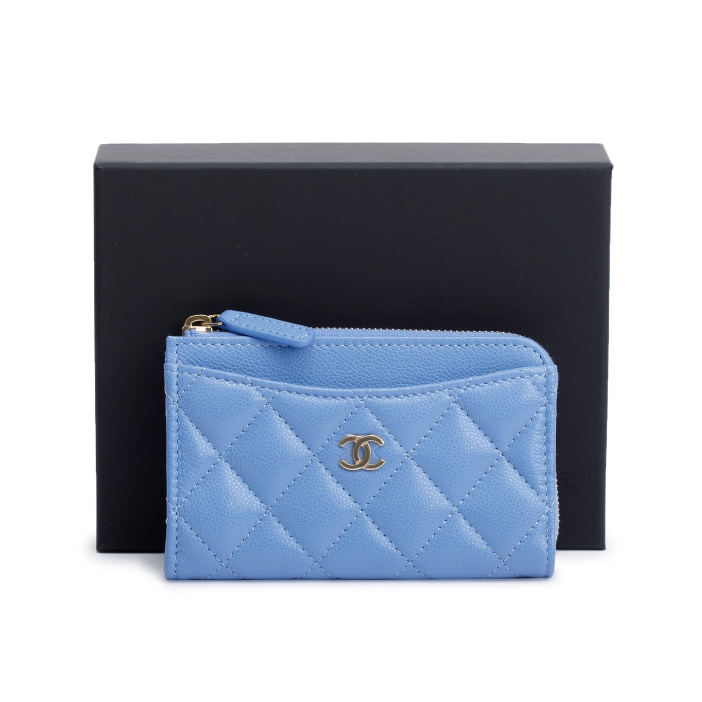 Chanel Quilted Caviar Classic Zipped Card Leather Blue Wallet Case