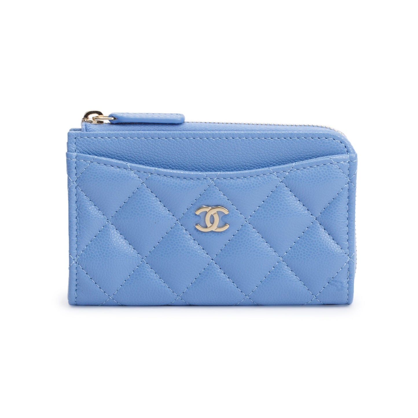Chanel Quilted Caviar Classic Zipped Card Leather Blue Wallet Case