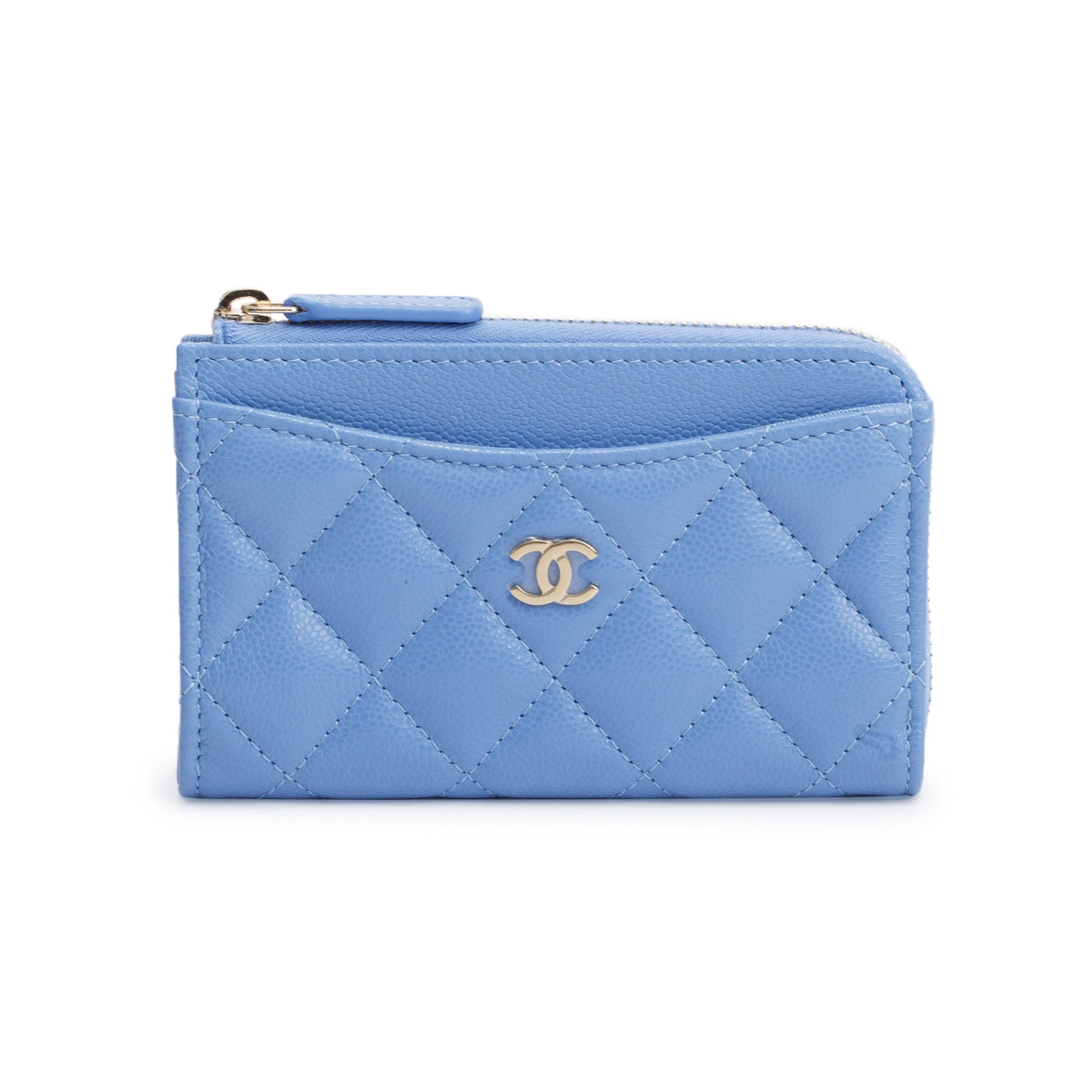 Chanel Quilted Caviar Classic Zipped Card Leather Blue Wallet Case