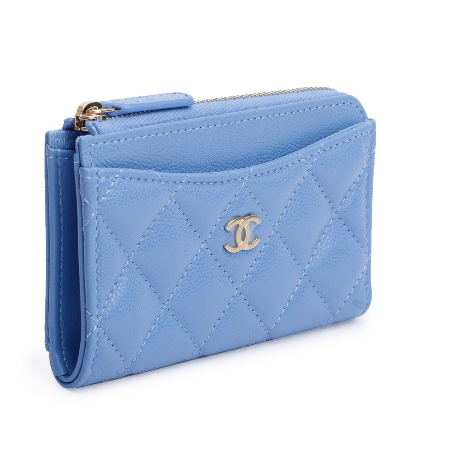 Chanel Quilted Caviar Classic Zipped Card Leather Blue Wallet Case