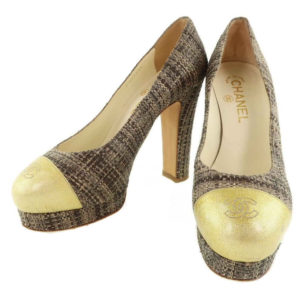 CHANEL pumps Patent Leather, Jute Gold / Brown High heels Women 36 1/2  