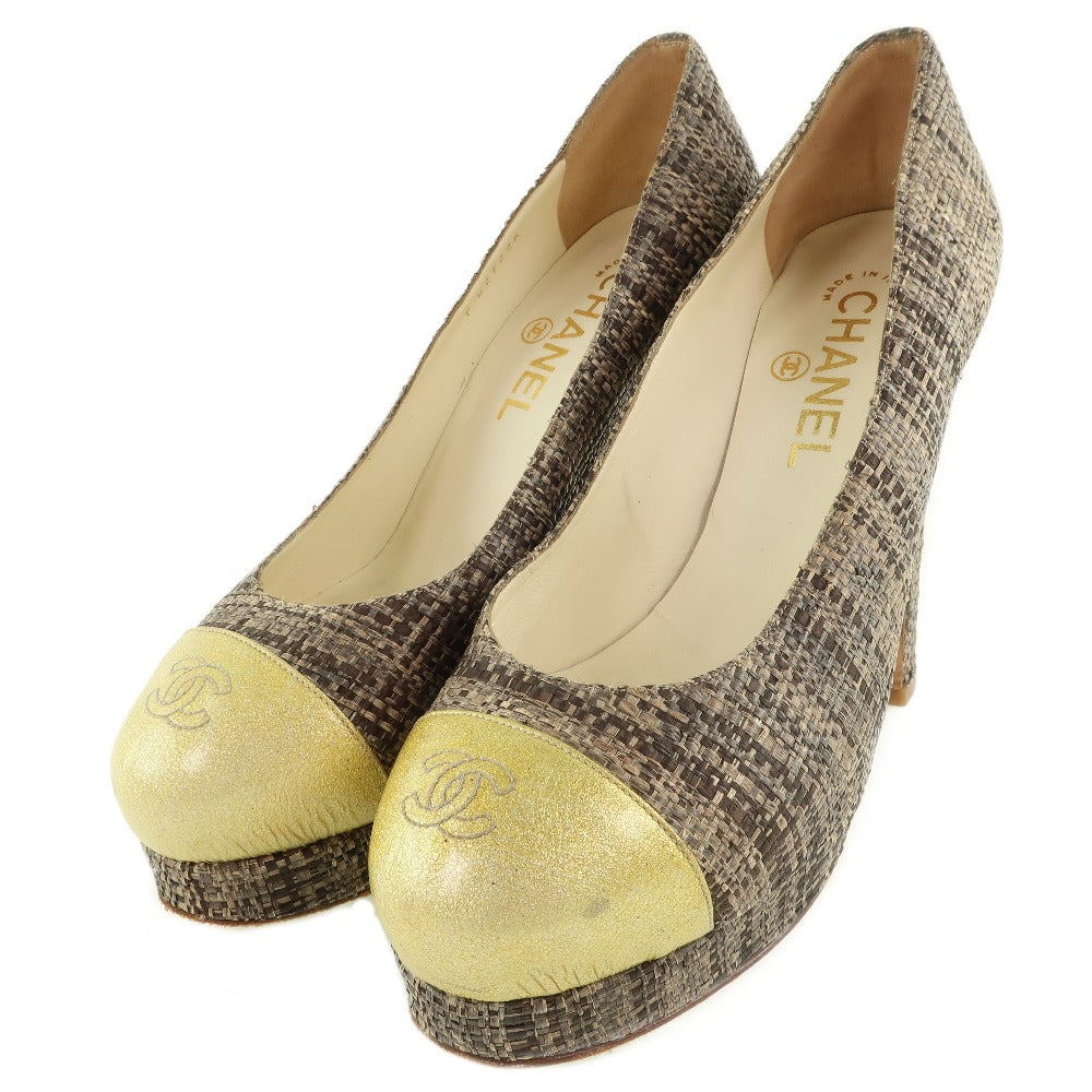 CHANEL pumps Patent Leather, Jute Gold / Brown High heels Women 36 1/2  