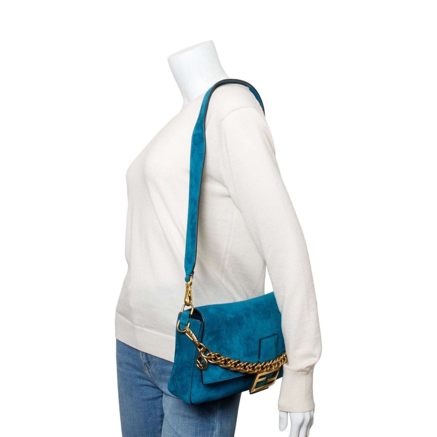 Fendi Baguette Shoulder Bag Suede Blue
