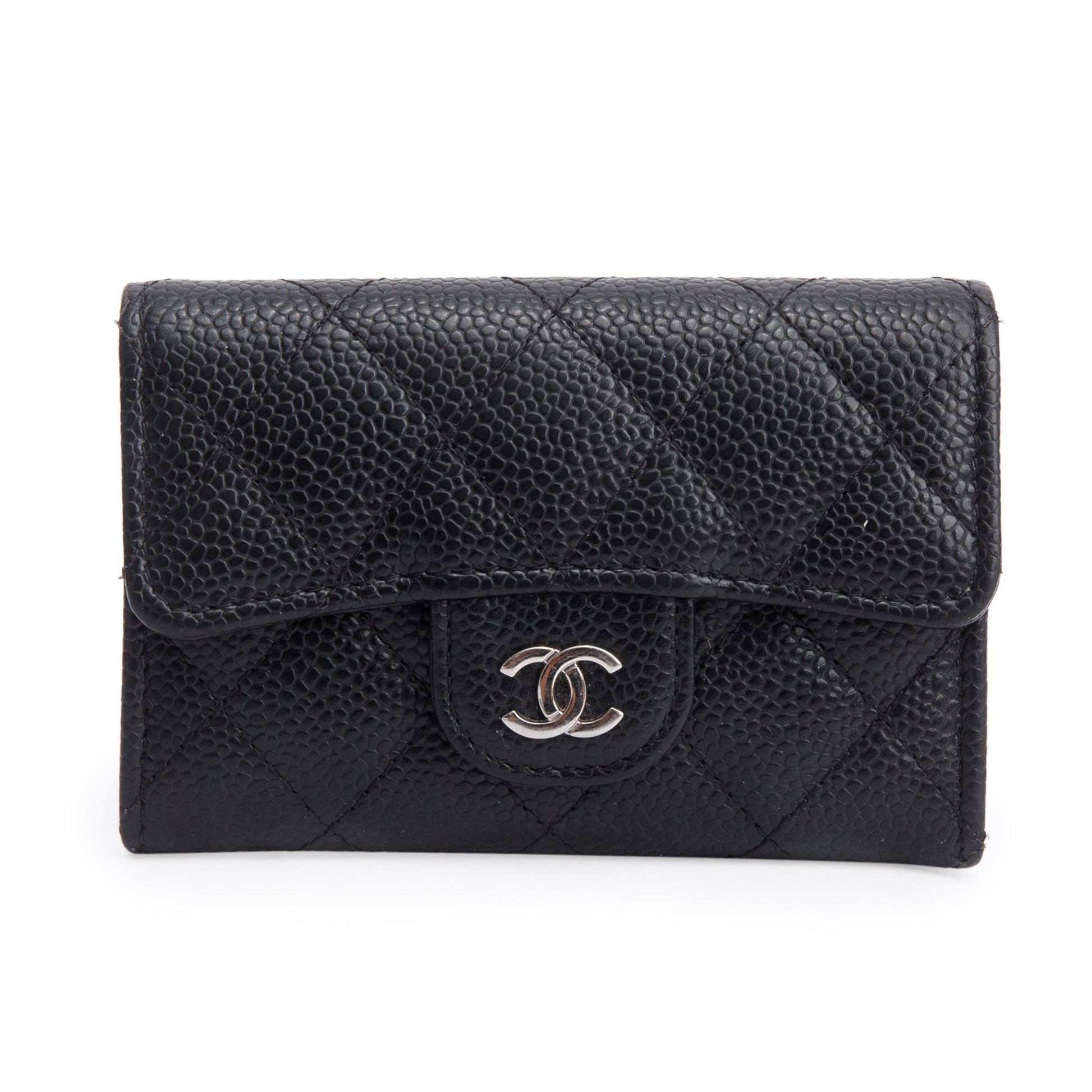 Chanel Quilted Caviar Classic Flap Card Leather Black Wallet Case